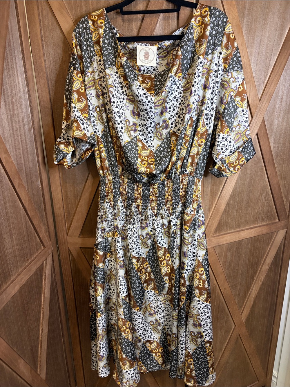 MUCHE MUCHETTE Patchwork Paidley Smocked Waist Dress Midi Boho